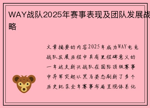 WAY战队2025年赛事表现及团队发展战略