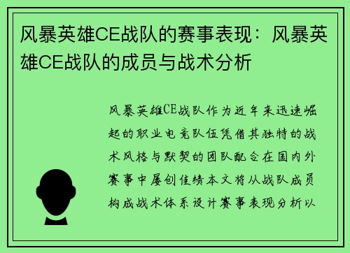 风暴英雄CE战队的赛事表现：风暴英雄CE战队的成员与战术分析
